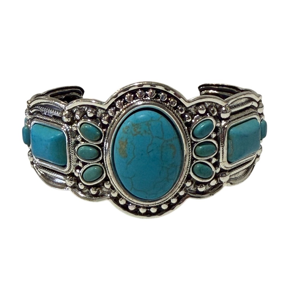 Southwestern Silver Tone Faux Turquoise Statement Cuff Bracelet Western Boho